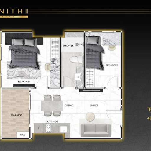 Zenith Pattaya 2, 2 Bedroom - 46 m²