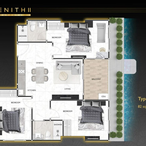 Zenith Pattaya 2, 3 Bedroom - 82 m²